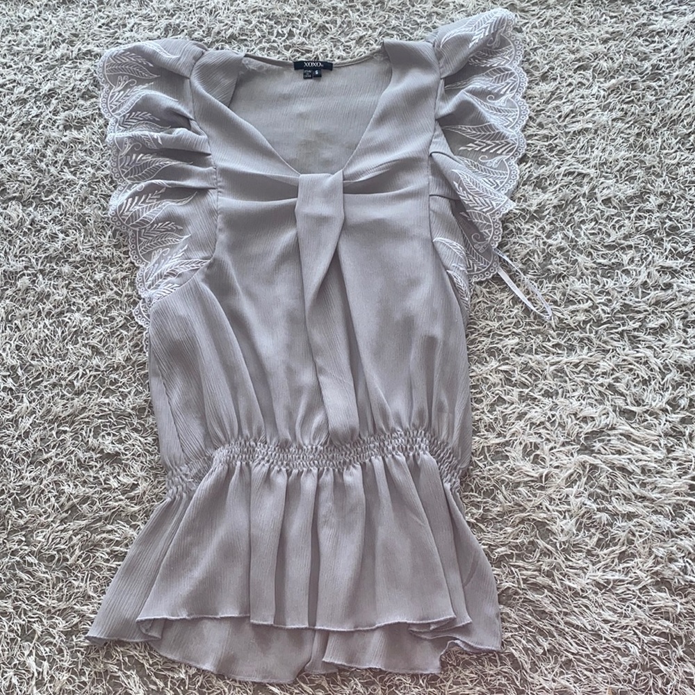 XOXO Gray Embroidered Peplum blouse with flutter sleeves